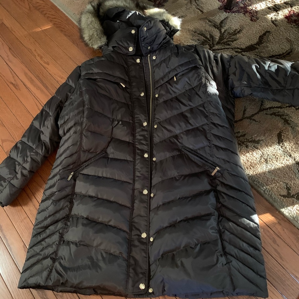 Brand new, black MK Puffer coat with hood.